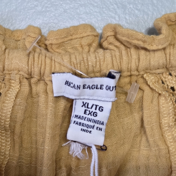NWT American Eagle XL Mustard Yellow Lace Boho Smocked Crop Top Cottagecore - Picture 2 of 11